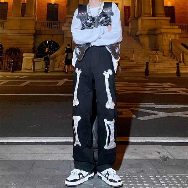 

mens jeans harajuku printed skull skeleton and womens straight tube loose hip hop floor dragging pants spring y2k black 230404, Blue