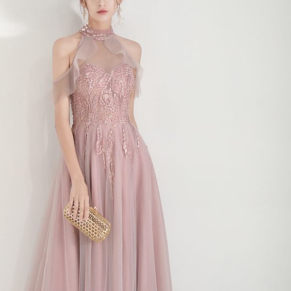 

pink bridesmaid dresses halter off shoulder beading sequins ruffle a line floor length lace up prom evening gowns celebrity party, White;pink