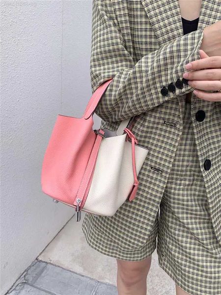 

designer luxury vegetable basket layer cow leather bucket steamed bun mother celebrity style early contrast color matching portable bag tide