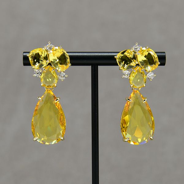 

yellow glass crystal cz paved leaf drop dangle engagement golden earrings flower stud earrings handmade lady jewelry gifts, Silver