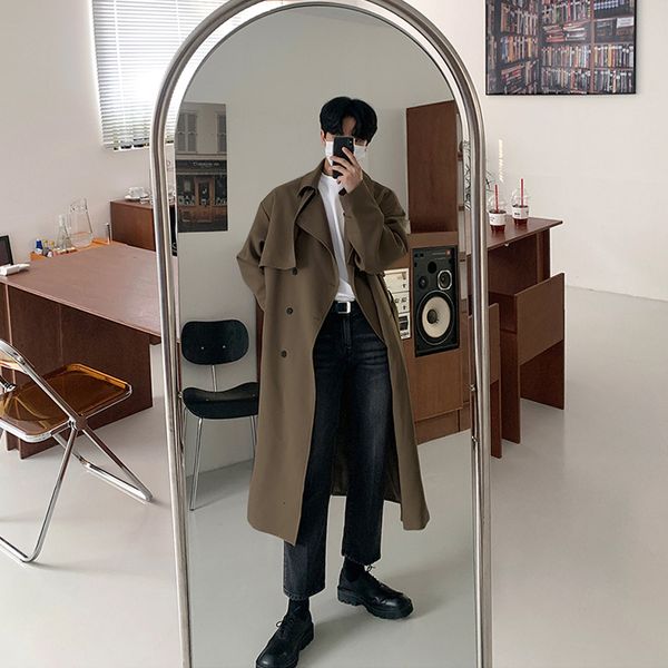 

men's trench coats british style men solid double breasted oversize leisure long stylish outwear hombre korean bf windbreaker 230404, Tan;black