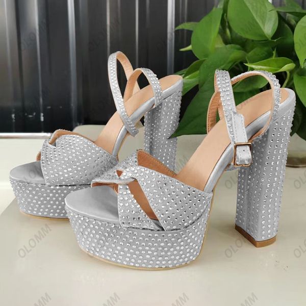 

olomm handmade women platform sandals crystal faux suede block heels opentoe pretty grey nude party shoes size 35 47 52, Black