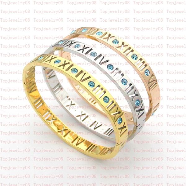 

luxury gold bangle designer hollow roman numerals blue diamond bracelet 18k gold plated 925 stainless steel wedding lover gift with box, Black