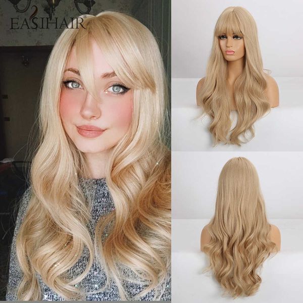 

synthetic wigs easihair long blonde wavy synthetic wigs with bangs natural wave hair for women cosplay daily heat resistant 230227, Black