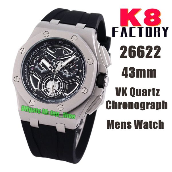 

k8 factory watches k8f 43mm 26622 vk quartz chronograph mens watch skeleton dial rubber strap gents wristwatches, Slivery;brown