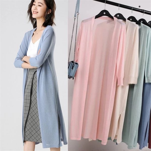 

women's knits tee midi long thin cardigan jacket summer autumn casual silk knitted cardigans female loose sweater coat plus size 3xl ab, White