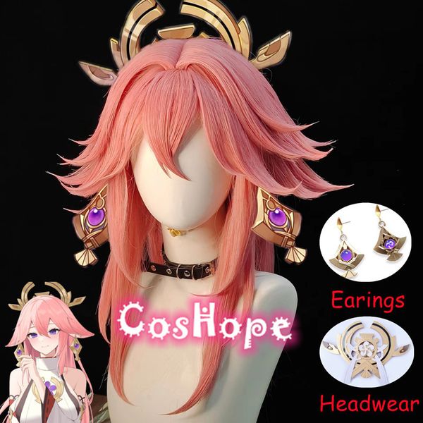 

theme costume genshin impact yae miko role-playing wig women's 85cm long pink anime heat resistant synthetic halloween 230404, Black;red
