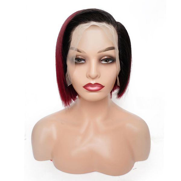 

pixie cut 99j bug frontal human hair lace frontal wig human hair wig, Black;brown