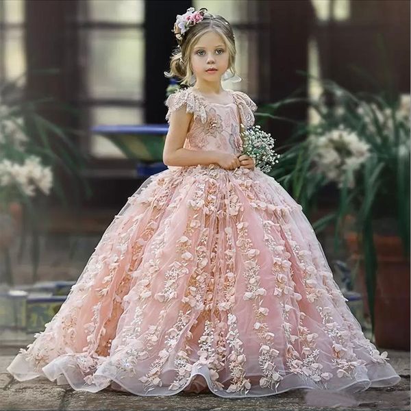 

cute pink lace flower girls dresses jewel neck beaded 3d floral appliqued toddler pageant dress corset back kids prom gowns, White;blue