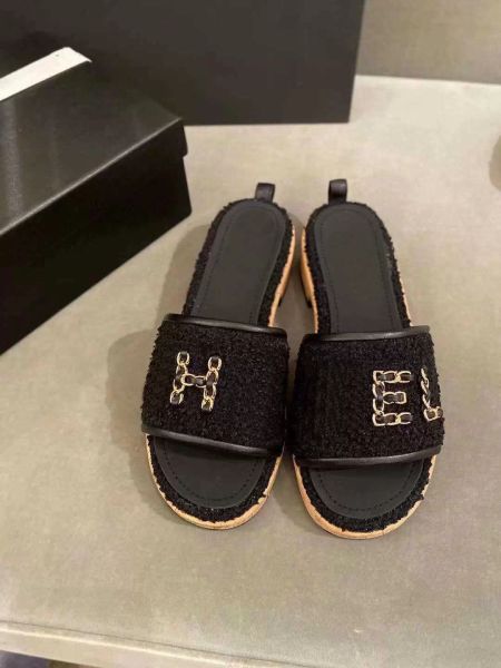 

sizes women tweed leather straw woven slides sandals slip on wedge flats fashion beach mule brand flip flops casual slides shoes platform ch, Black