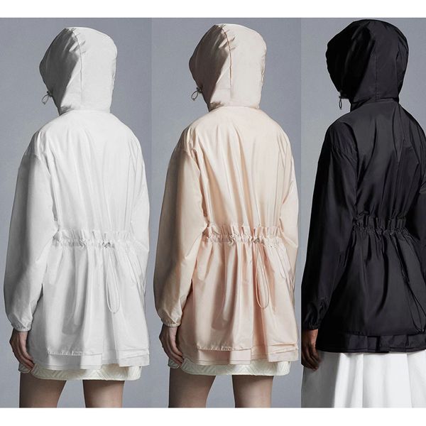 

women's trench coats hooded windbreaker jacket midlength coat drawstring slim hem layer lace sunscreen clothing 230403, Tan;black