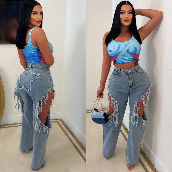

2023 designer baggy ripped jeans women fashion loose wide leg high waist straight pants y2k washed blue denim trousers bulk wholesale clothe