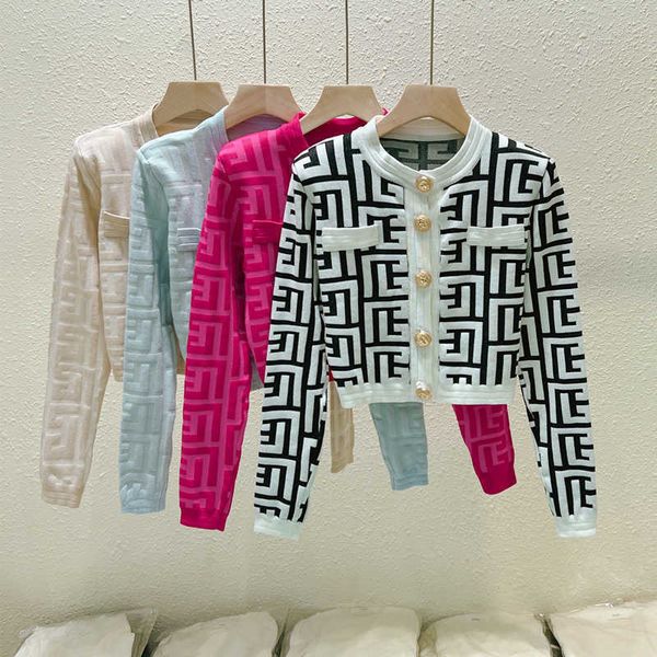 

women fashion vintage autumn jacquard letter metal buckle shoulder pad knit cardigan sweater jacket coat, White
