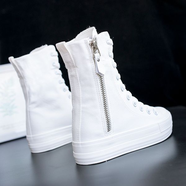 

boots spring autumn women's shoes canvas casual high heels lace zipper comfort flat boots sneakers tenis femino 230404, Black