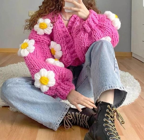 

women's knits tees jsxdhk fashion women 3d floral handmade sweater cardigan luxury sweet fall winter lantern sleeve knitted loose short, White