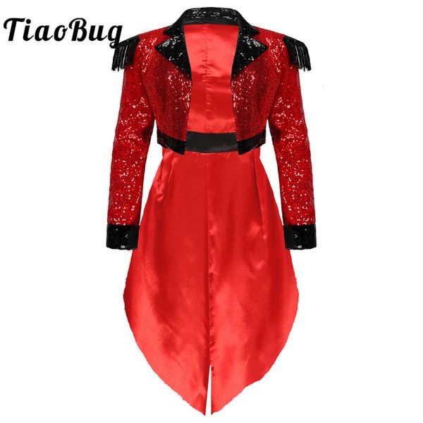 

theme costume sparkling sequins circus tuxedo jacket women's pleated epaulette halloween set showman ringmaster clothing 230404, Black;red