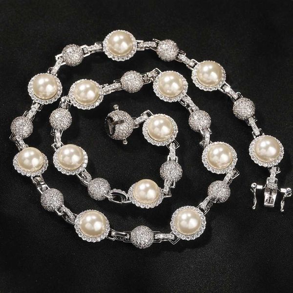

fully iced out zircon ball tennis chain hip hop jewelry necklace pearl cuban link cz rapper, Silver