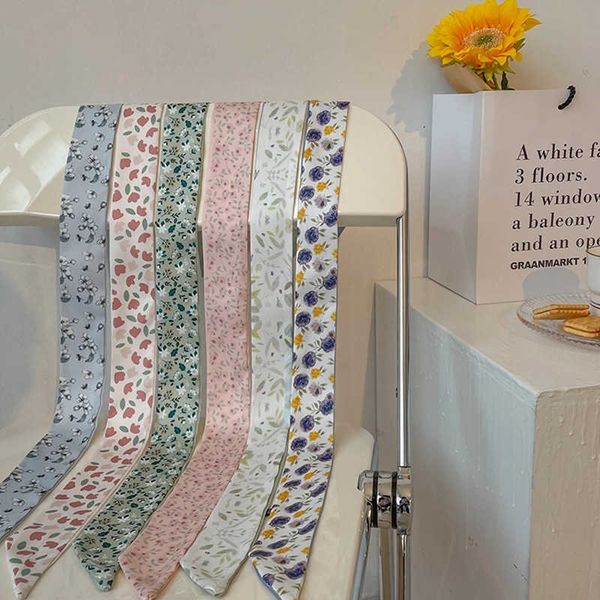 

sarongs korean version of the net red ins small fresh long ribbon silk scarf hairband temperament silk fe floral bow tied hair rope p230403, Blue;gray