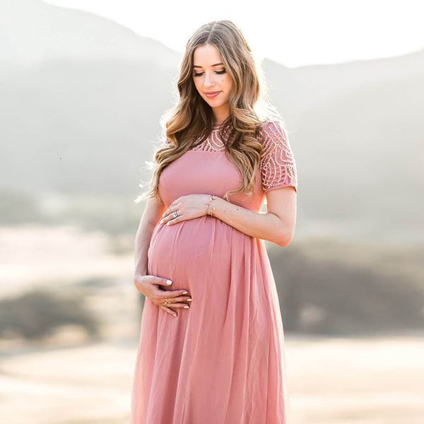 

maternity dresses summer pregnant women baby shower dress pregnant women po shooting lace voile chiffon half 230404, White