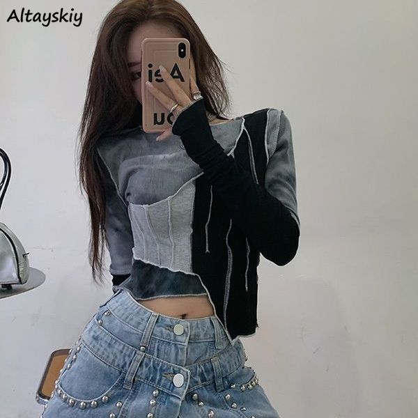 

women's t shirt long sleeve t shirt s designers slim irregular patchwork tie dye o neck streetwear chic fashion leisure tees female 230, White