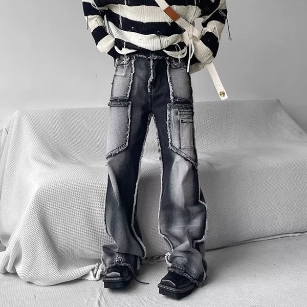 

men's pants deeptown y2k patchwork jeans men black denim designer punk streetwear loose casual trousers male hip hop pocket spring 4xl
