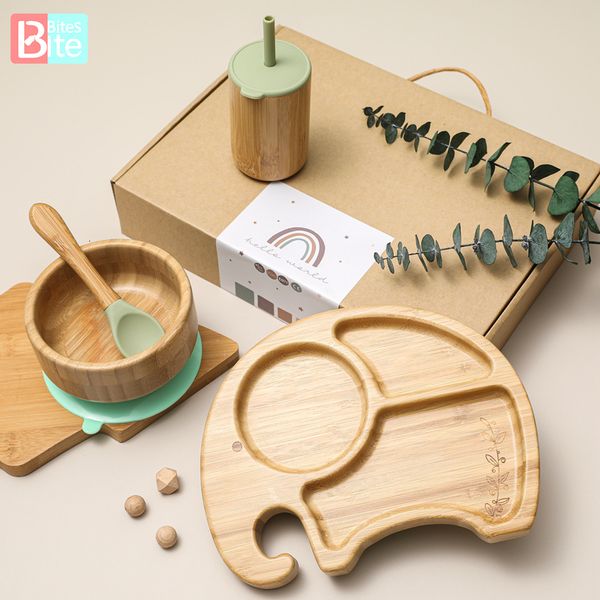 

cups dishes utensils 4pcs wooden dinner plate silicone suction cup nonslip waterproof fork spoon cartoon elephant feeding tableware 230403
