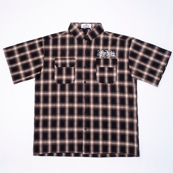 

summer letter short sleeve plaid shirt men's patchwork hip hop streetwear vintage, White;black