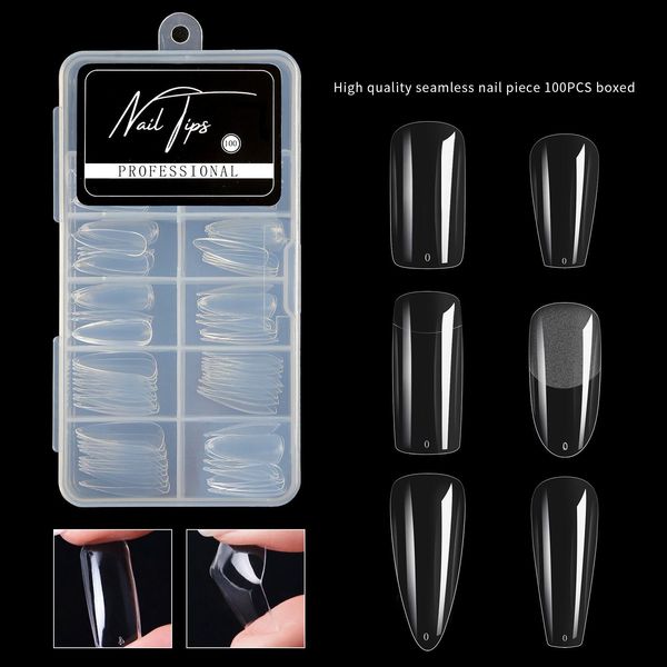 

100pcs artificial false extension nail art tips non c curve french clear coffin full cover acrylic gel nail tips, Red;gold