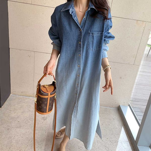 

turn-turn collar button denim dress shirt maxi long sleeve vestido de mujer vintage casual fall spring korean femme robe chic, Black;gray
