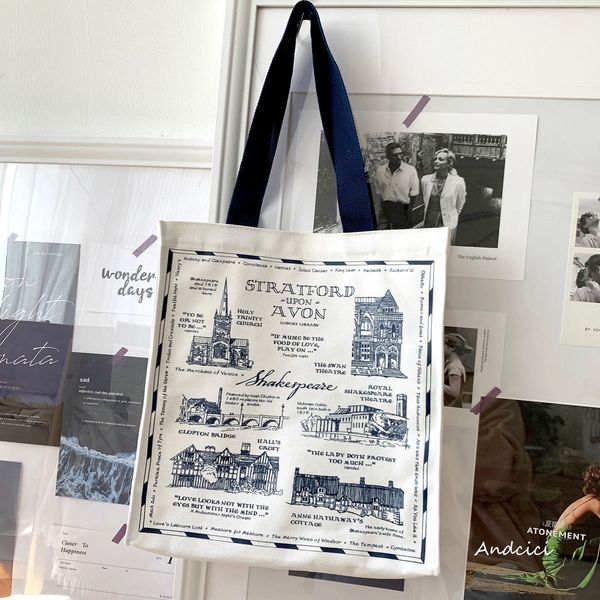 

shopping bag canvas shoulder shakespear printing ladies casual handbag tote large capacity cotton reusable beach 230404