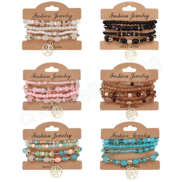 

bohemian crystal strand bracelets for women ethnic multilayer fashion tree of life charm elastic rope bracelet bangles, Golden;silver