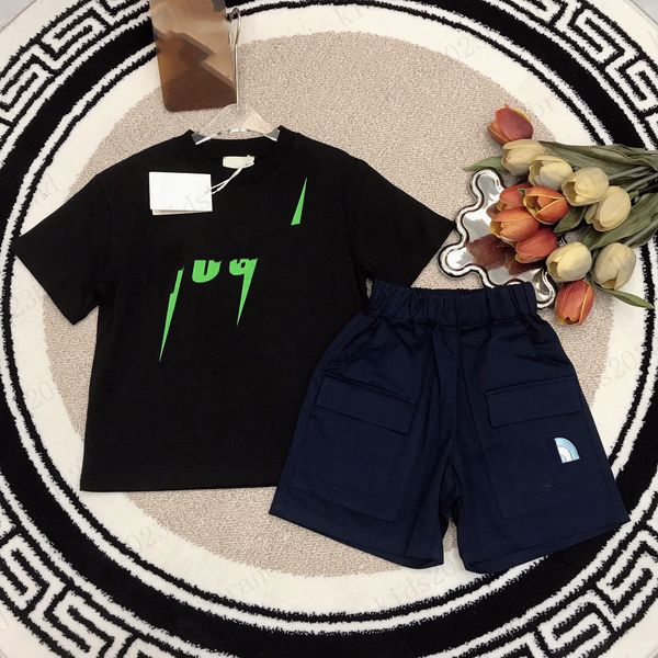 

brand children sports sets designer boys t shirts with blue shorts embroidery cargo shorts 2023 summer kids black t-shirts cotton beach shor, White