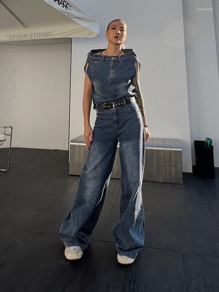 

denim two piece sets for women slash neck sleeveless high waist spliced button wide leg pants solid set female, White