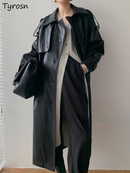 

women's trench coats pu women retro streetwear allmatch temperament leisure simple pure fashion korean style loose personality autumn l, Tan;black