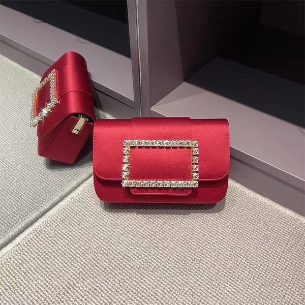 

designer ladies dinner bag high-quality solid color real silk diamond-encrusted square buckle banquet chain envelope bag stylish hand-held d