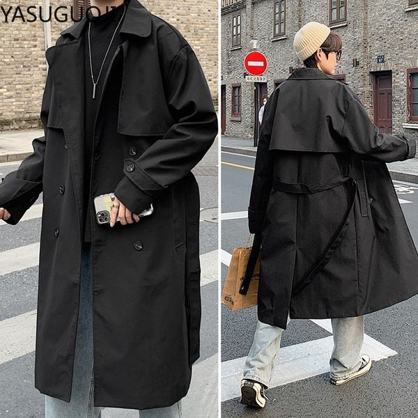 

men's trench coats yasuguoji fashion loose double breasted coat men jacket casual overcoat windbreakers solid color long belt s 230404, Tan;black