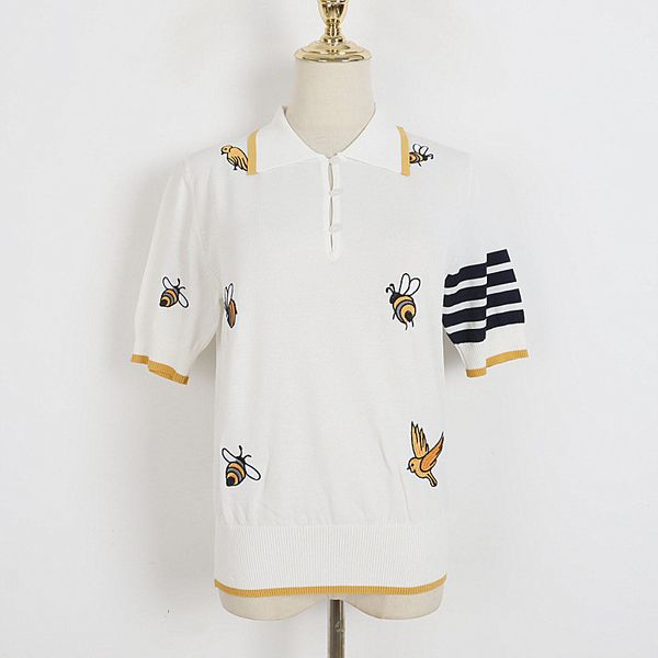 

329 2023 summer brand same style sweater short sleeve black white gray blue embroidery lapel neck pullover fashion womens clothes womens dl, White;black