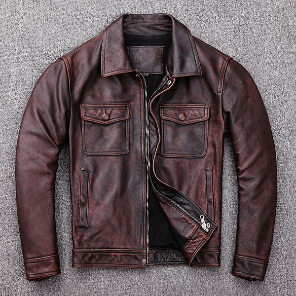 

men's leather faux 100 cowhide motorcycle jackets men genuine corium pilot spring autumn short vintage distressed slim fit 230404, Black