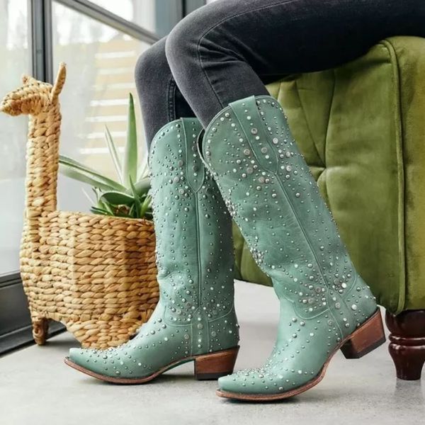

boots women's cowboy boot wedge pointed toe beaded leather boots thick high heels 230404, Black