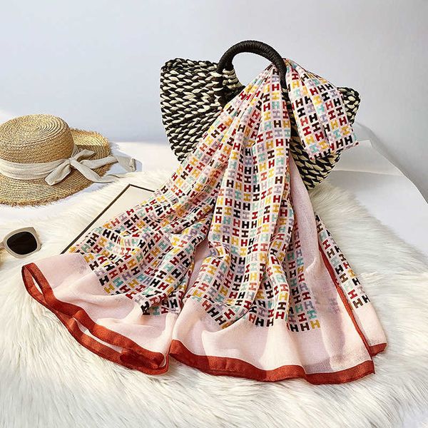 

sarongs spring and summer new letter printed silk scarf women' fashion crimped cotton linen silk scarf outdoor decoration sunscreen p2, Blue;gray