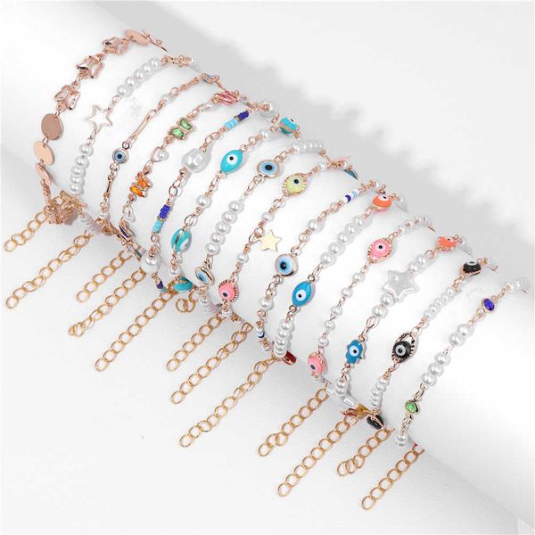 

charm bracelets elegant pearl chain bracelet evil eye enamel charms bracelet stainless steel link bangles delicate jewelry women party gift, Golden;silver