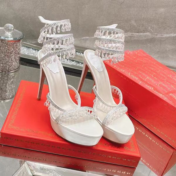 

rene crystal lamp snake sandals snake shaped winding pendantwomens stiletto heel evening shoes women luxury designers ankle wraparound shoe, Black