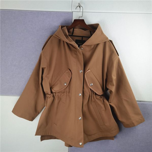 

women's trench coats spring and autumn elegant british style contrast color elastic drawstring hooded casual windbreaker jacket 230403, Tan;black