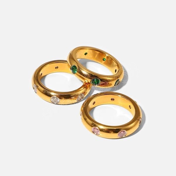 

stainless steel gold plated finger rings minimalist vintage glossy micropaved green/pink/white zircon rings for women, Silver