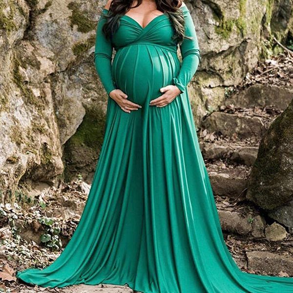 

maternity dresses pregnant women elegant evening party dress long sleeve cross front v-neck slim fit maxi pography dress 230404, White