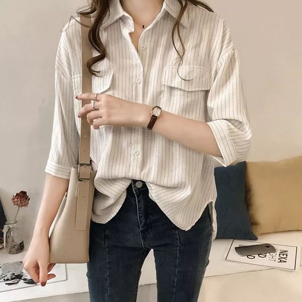 

women's blouses shirts tunic shirt women's half sleeve shirt lapel striped casual shirt autumn women's shirt #56 230404, White