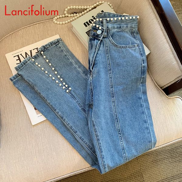 

women's jeans pearl denim pants spring autumn ultra-thin korean kawaii patch work split high waist wide leg y2k 90s independent school, Blue