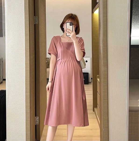 

maternity dresses 2630# summer french fold ultra thin waist a-line pregnant women's dress elegant pregnant women's tie waist mater, White