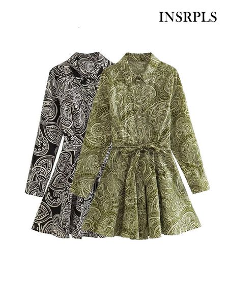 

casual dresses insrpls women fashion with belt paisley print mini dress vintage long sleeve front button female vestidos mujer 230404, Black;gray