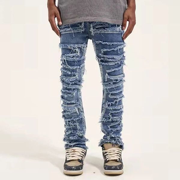 

mens jeans ripped distressed for men straight vintage brushed ruched damage holes towel hip hop streetwear kpop korean denim pants 230404, Blue